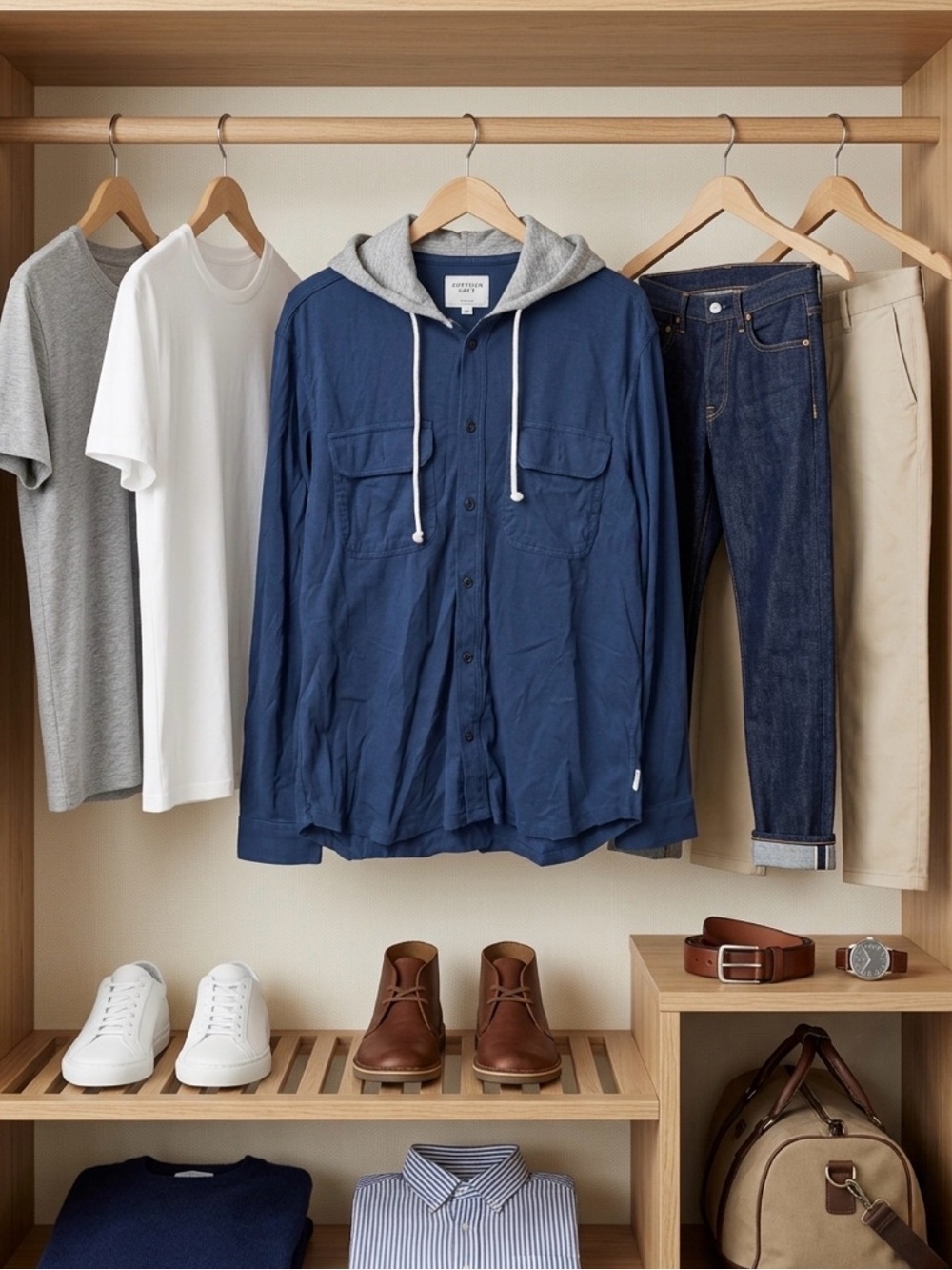 American Eagle Outfitters Navy Button-Up Hooded Shirt Jacket with Gray Hood